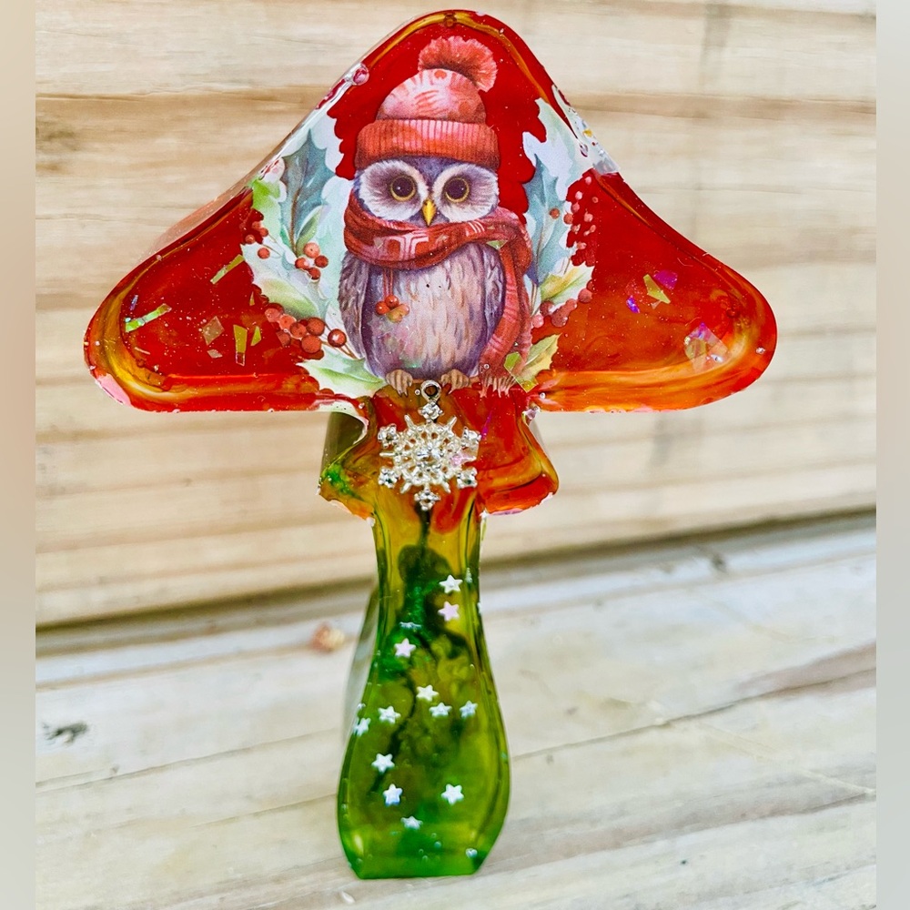 Handmade Owl Mixed Media Art Mushroom
